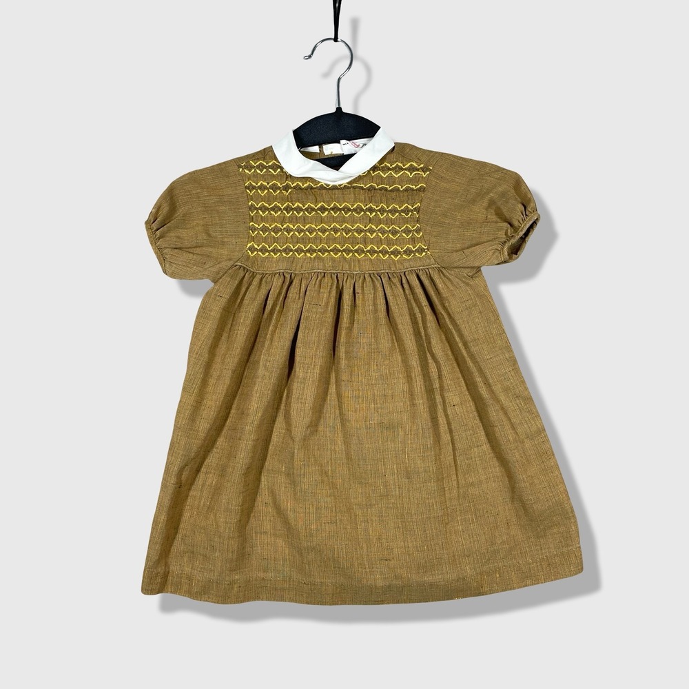 80s Sears Smocked Dress Kids Size 4 Brown Vintage Cottagecore Peter Pan Collar